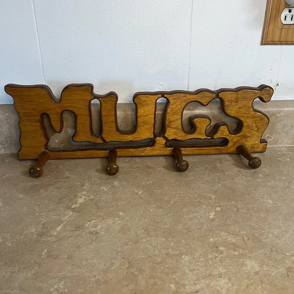 Vintage Wooden 'Mugs' Wall Hook Rack in Warm Brown